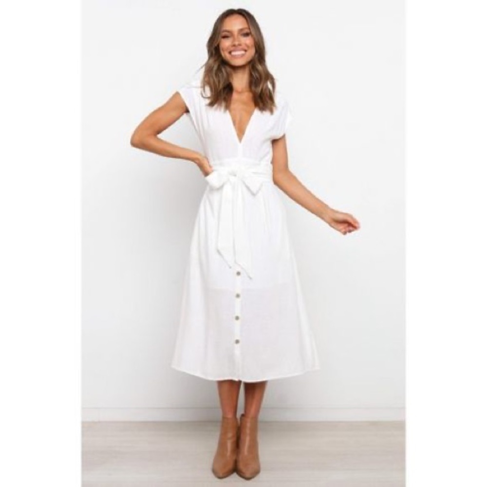 Petal & Pup White Midi Dress with Waist Tie - Picture 4 of 9